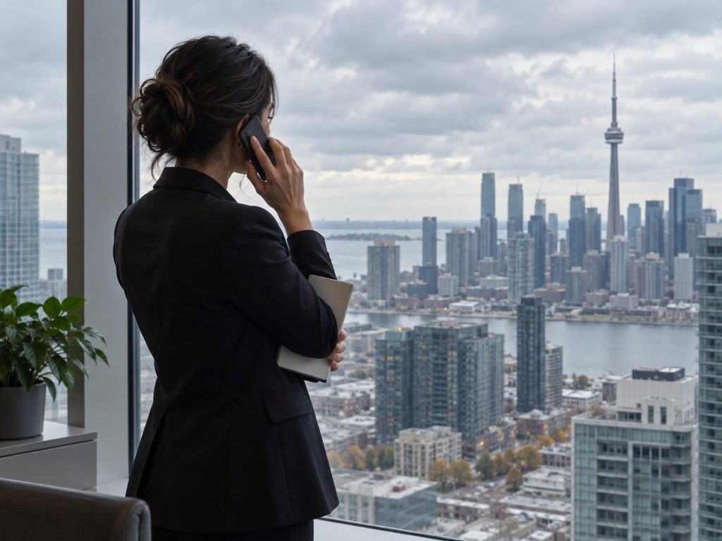 Business owner standing at an office window on a phone call, holding a notebook and looking out at the city