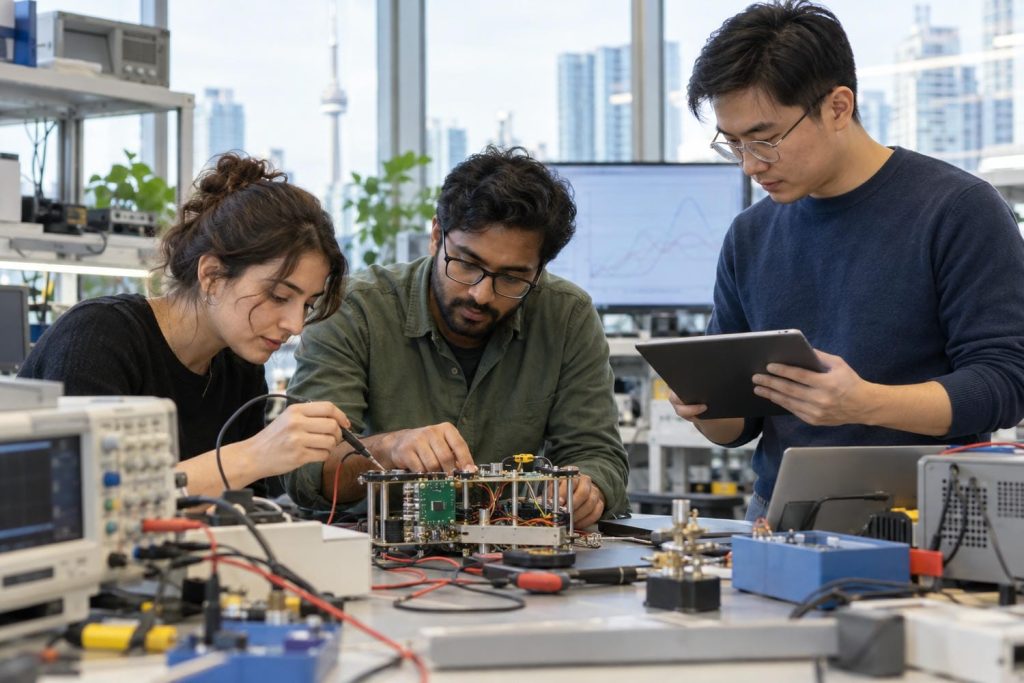 Three engineers testing a small electronic prototype with bench instruments in a development lab