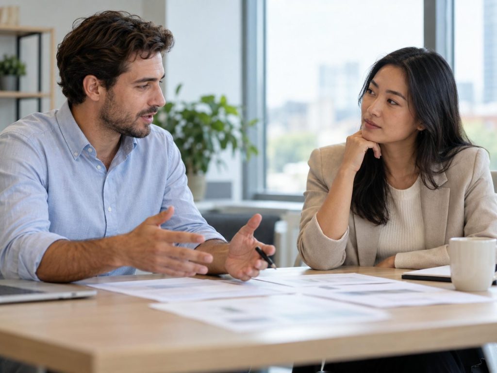 Two people at an office meeting table reviewing printed pages together, one gesturing over the papers