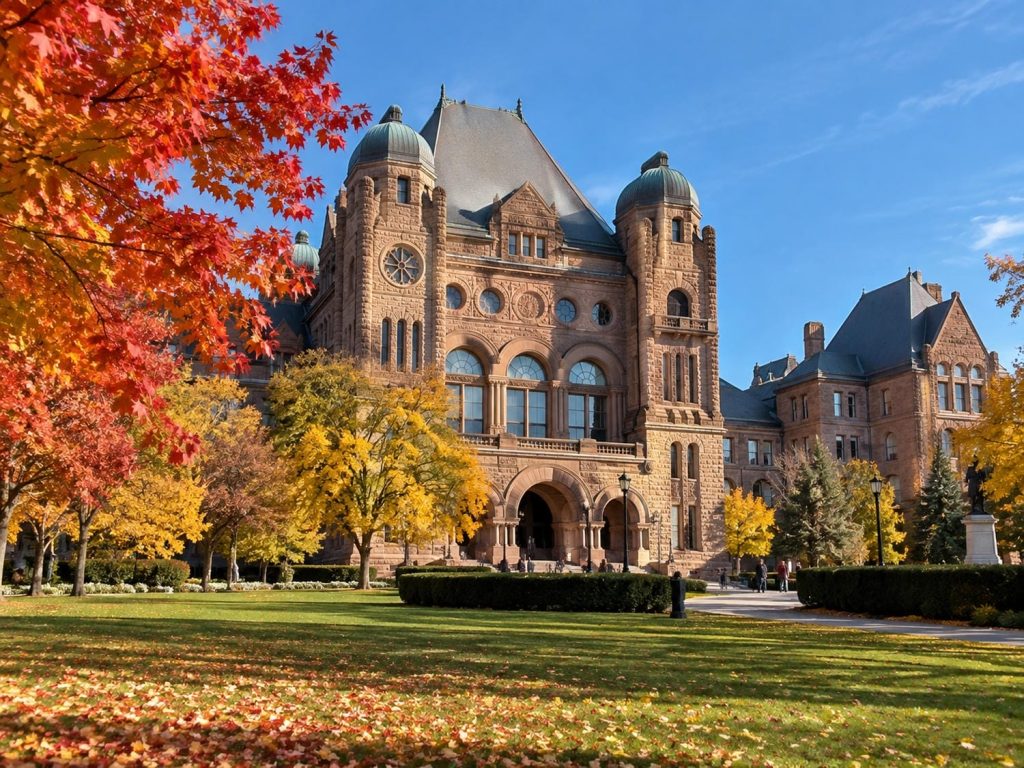 The Ontario Legislative Building at Queen's Park in Toronto on a clear autumn morning with maple trees turning on the lawn