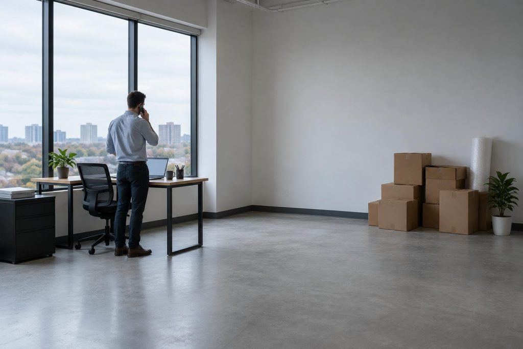 Owner of an early stage company working at the one desk in use in a sparsely furnished office, with cardboard boxes still stacked against the wall