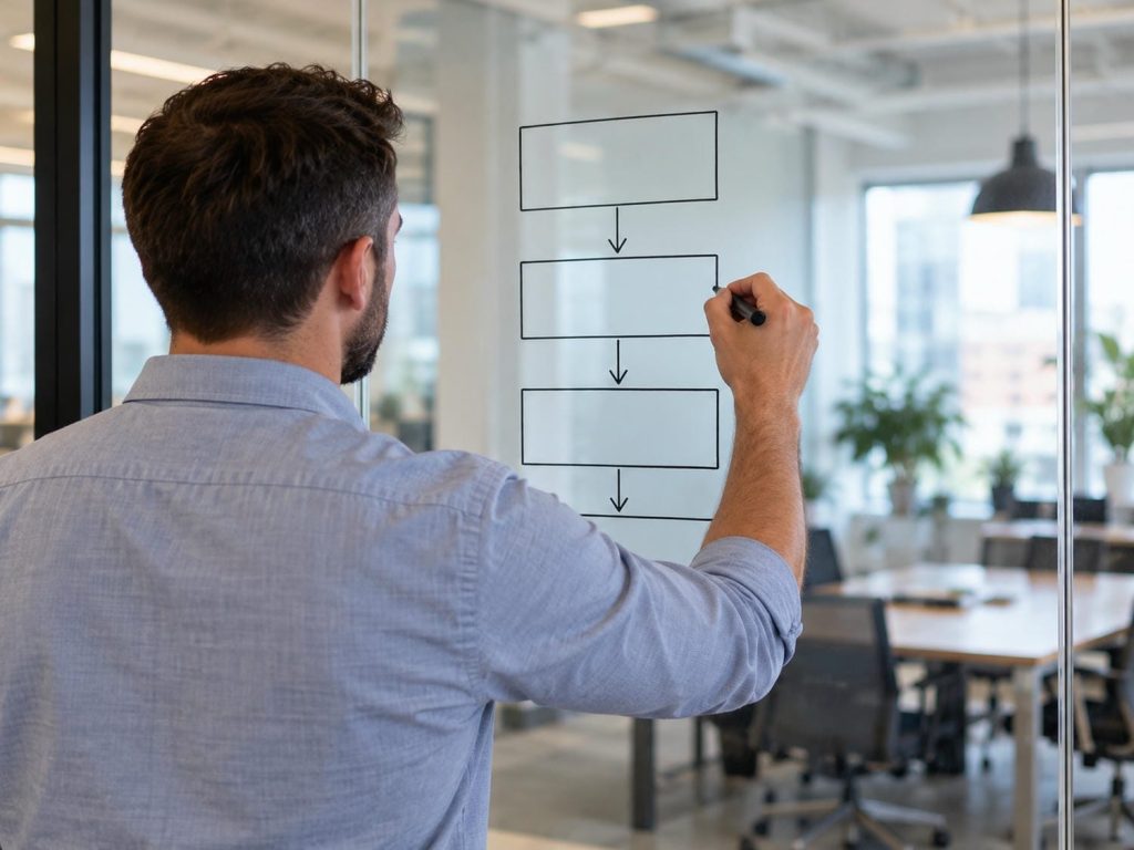 Person drawing a vertical chain of four empty boxes joined by downward arrows on a glass office wall with a marker