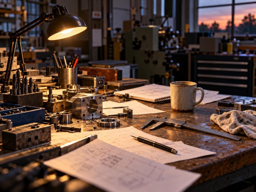Engineering workbench at the end of the day with loose papers, machined parts and calipers under a task lamp
