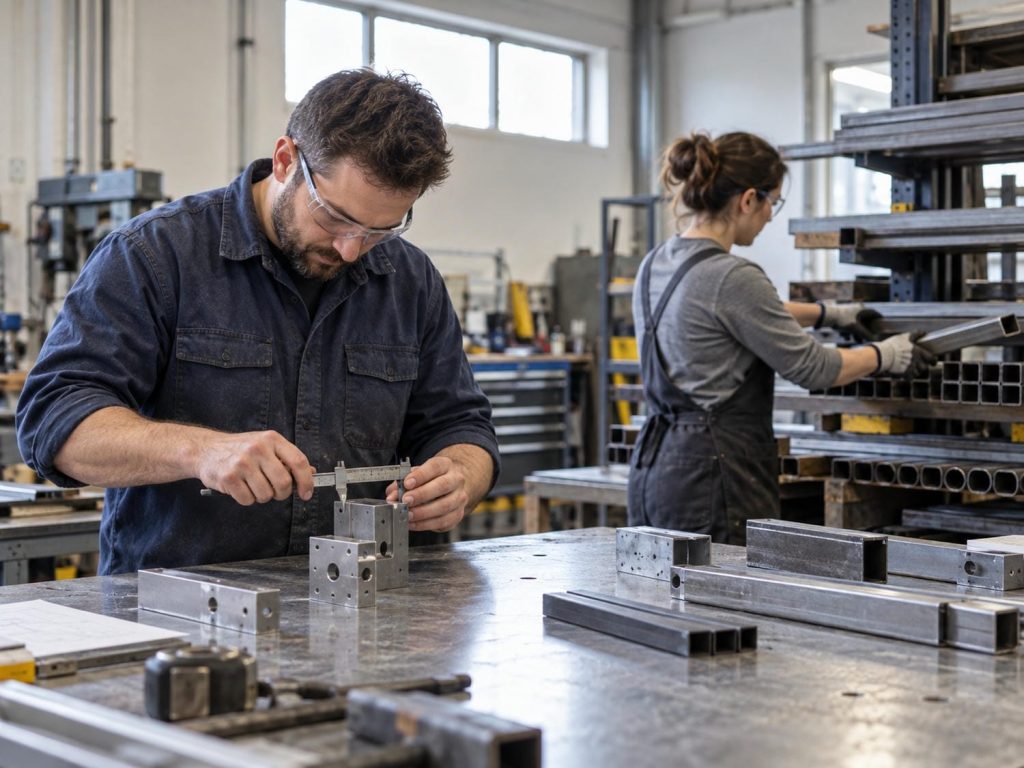 Two employees at a steel bench in a small fabrication shop, one measuring a machined metal part while the other sorts lengths of material stock