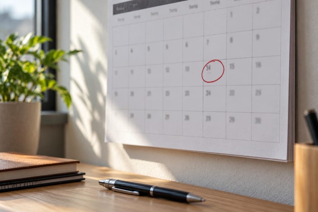 Paper wall calendar above a plain desk with a single date ringed in red marker and a pen resting below it