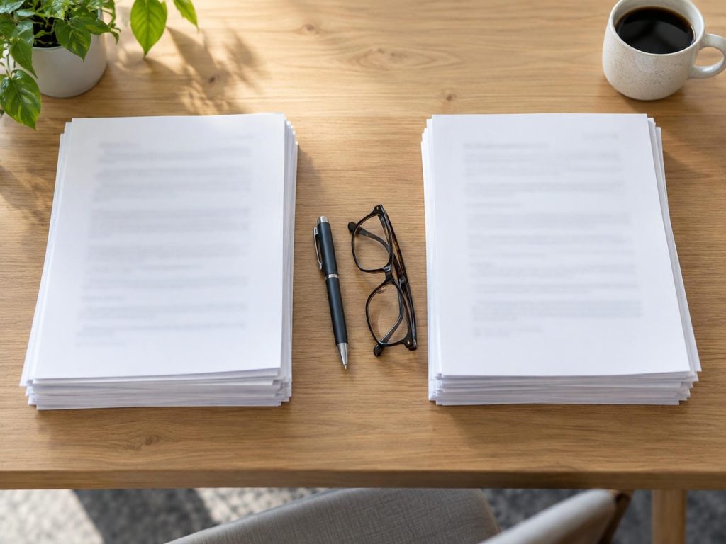 Two neat stacks of plain paperwork set side by side on a table with a pen and reading glasses between them