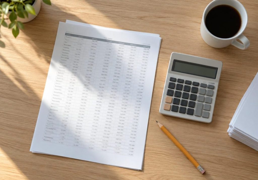 Printed columns of figures, a desktop calculator and a sharpened pencil on a tidy desk where an SR&ED tax credit calculation is being worked through
