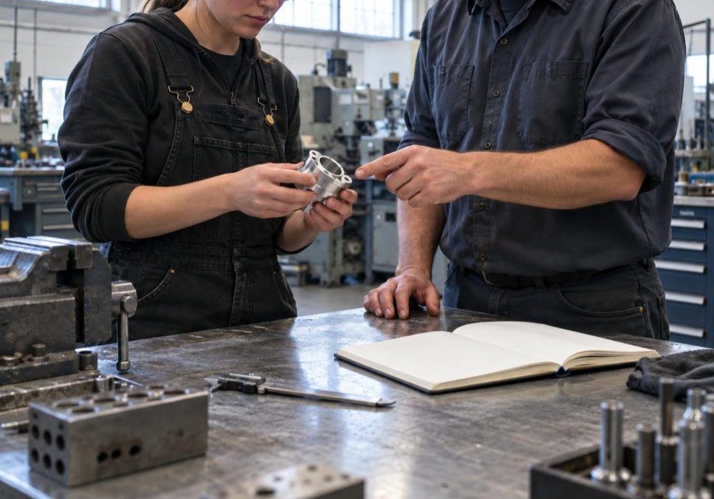Two colleagues examining a small metal prototype at a workbench in a Canadian machine shop with a notebook open beside them